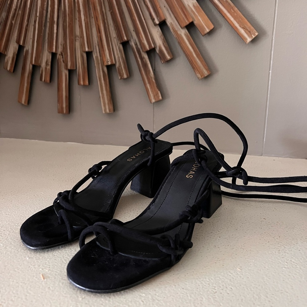ALOHAS Black Suede Lace-Up Block Heel Sandals